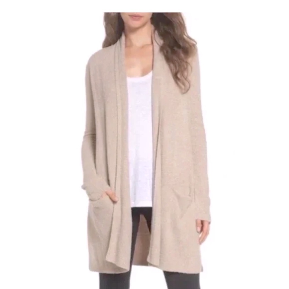 BAREFOOT DREAMS “CozyChic Lite” Knit Open Front Long Cardigan SMALL Beige VGC!